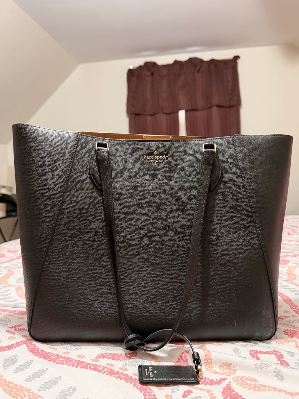 kate spade Black Structured Leather Tote with Gold Logo - Picture 1 of 5